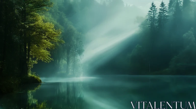 Sunlit Lake in Misty Forest