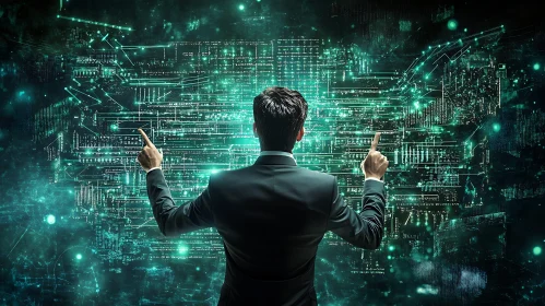 Man Controlling Data Streams: Tech Interface