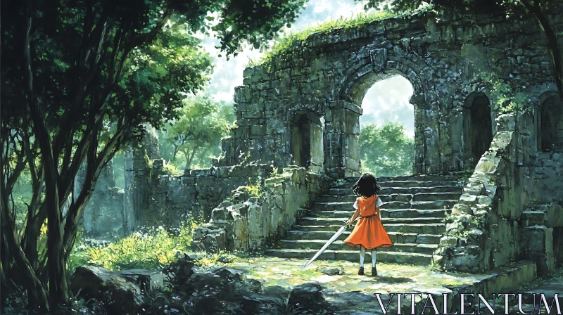 Girl with Sword Facing Ancient Forest Ruins
