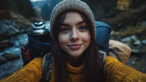 Cozy Woman Smiling in Nature's Embrace