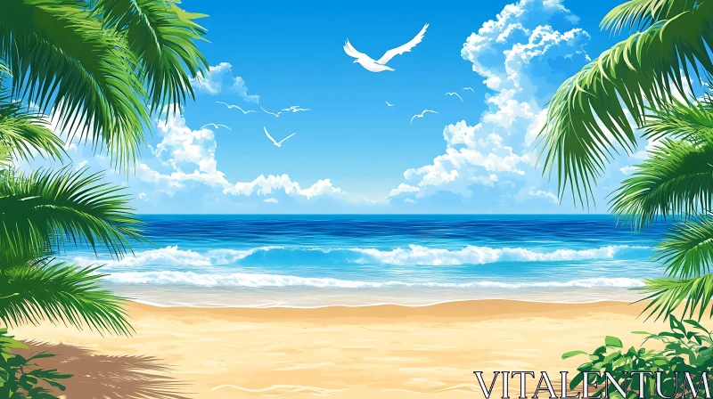 Seaside Bliss: Palm Trees and Seagulls