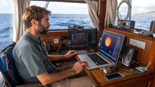Man Working on Laptop Aboard Boat