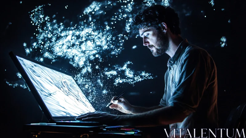 Man Creating Digital Art on Laptop