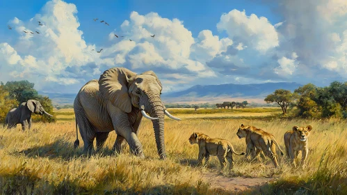 Elephants and Lions in African Field