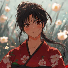 Anime Woman Portrait with Floral Elements
