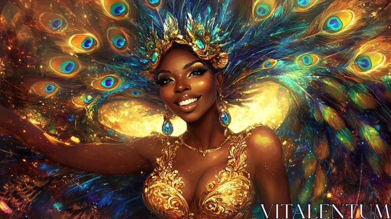 Golden Adorned Woman with Peacock Feathers