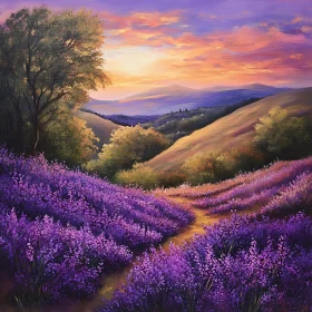 Purple Lavender Field at Sunset