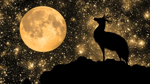 Silhouette of Deer with Moon and Stars