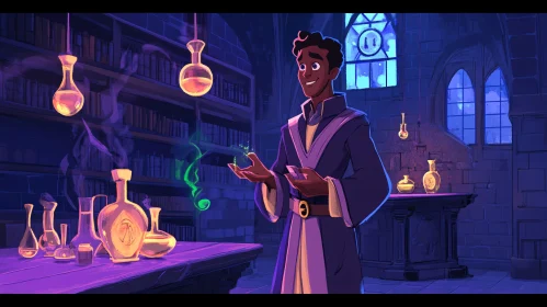 Wizard Casting Spell in Magical Library