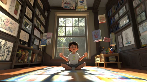 Child's Serene Moment in a Book-Filled Room