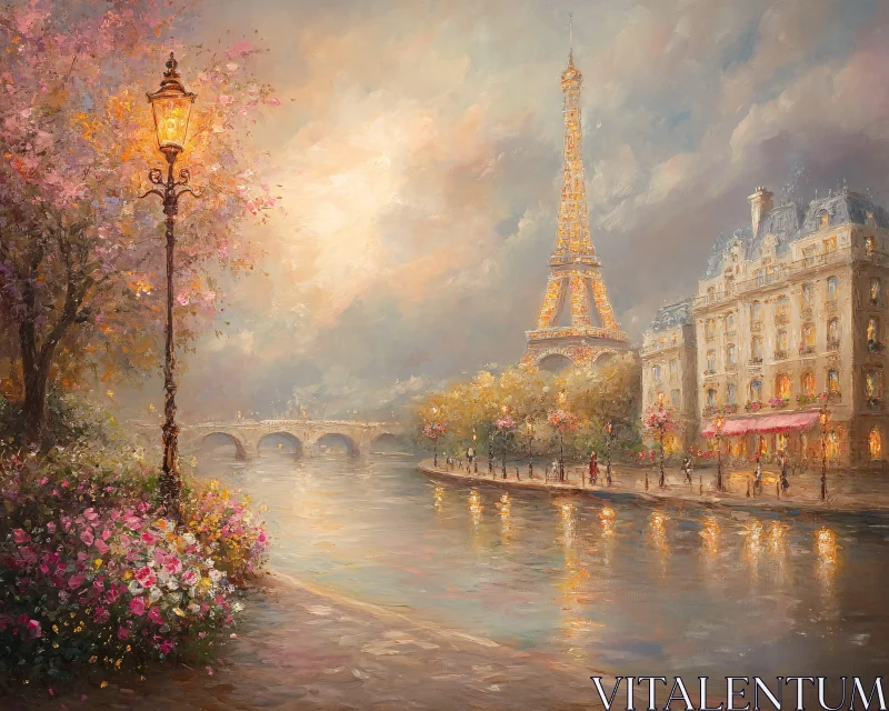 Parisian Riverfront Scene with Eiffel Tower