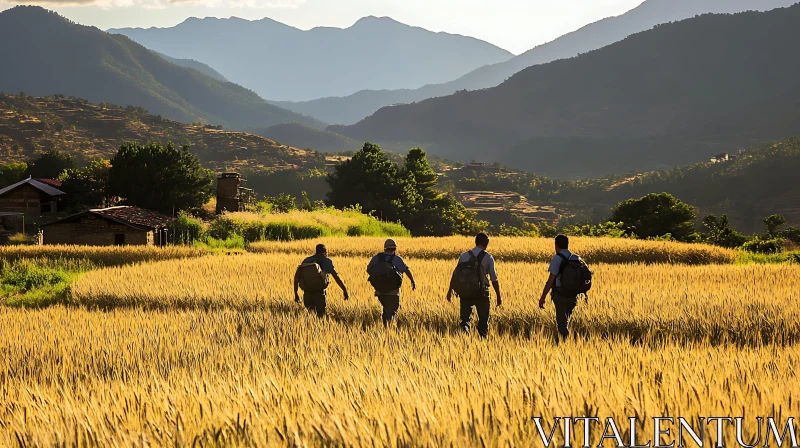 Hikers in Golden Wheat Field