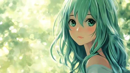 Serene Anime Girl with Green Hair in Forest Light