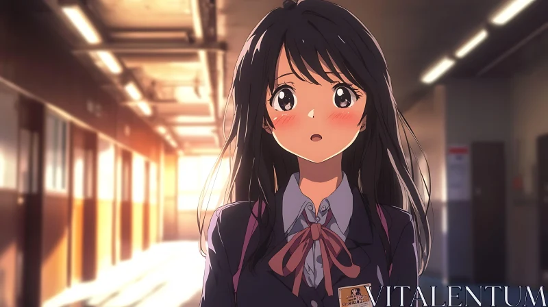 Surprised Anime Schoolgirl in Sunlit Corridor