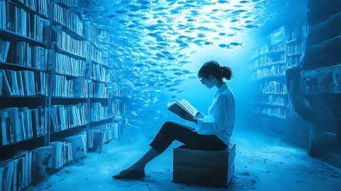 Submerged Reader in Aquatic Library