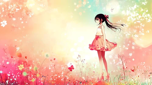 Springtime Anime Girl in Flower Field
