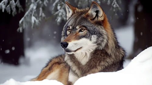 Snowy Wolf Resting in Winter Forest
