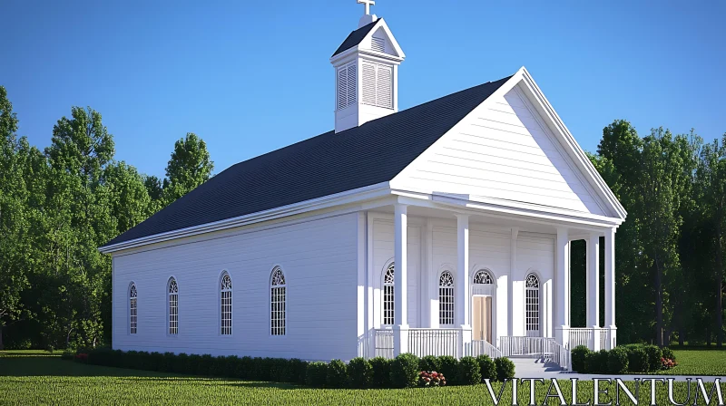 Classic White Church Surrounded by Nature