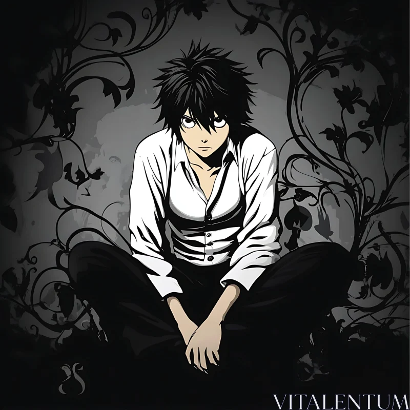 Dark and Mysterious Anime Character in Monochrome Style