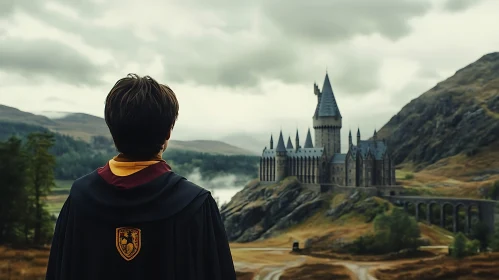 Person Looking at Castle in Mountains