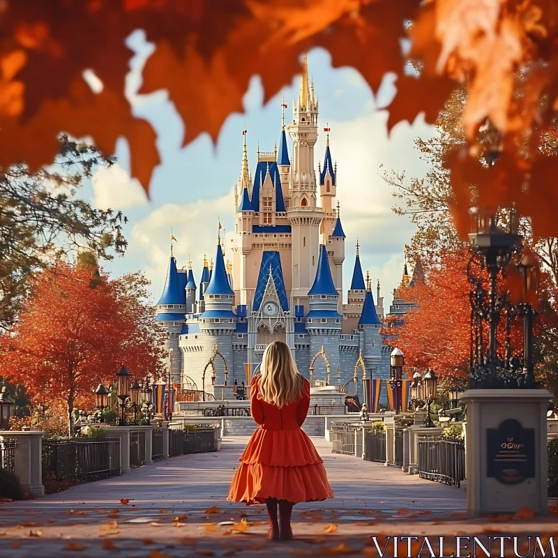 Woman Gazing at Castle in Fall