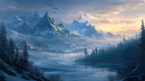 Snowy Mountain Peaks Reflecting in Lake