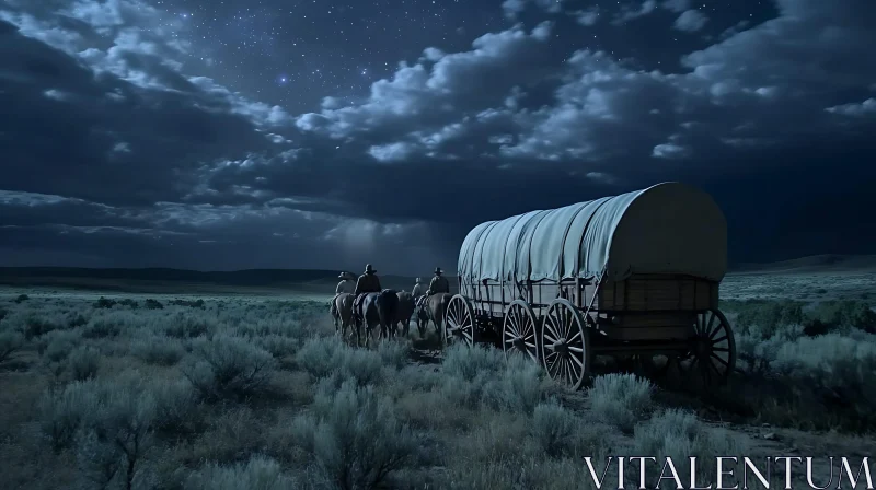 Covered Wagon and Riders at Night