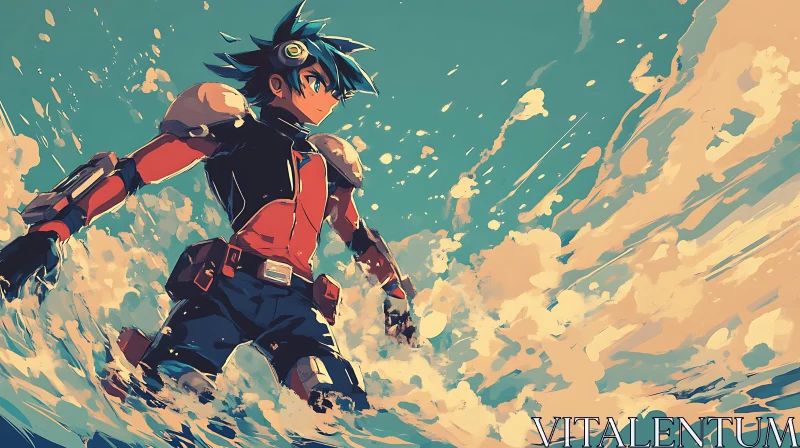 Anime Hero Amidst Splashing Waves
