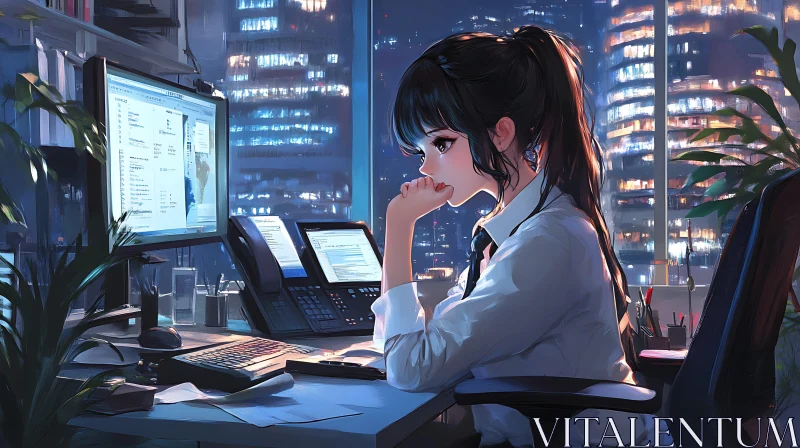 Anime Office Worker Contemplates City Lights