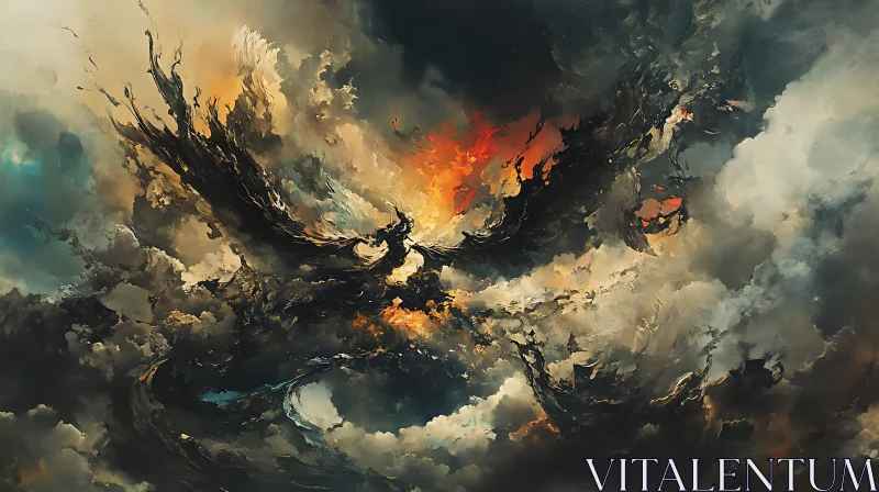 Dark Fantasy: Winged Shadow Over Fiery Clouds