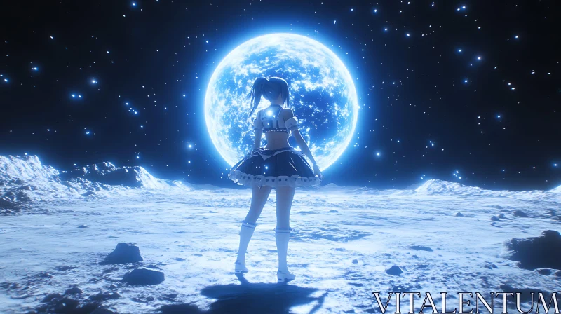 Anime Figure on Lunar Landscape at Night