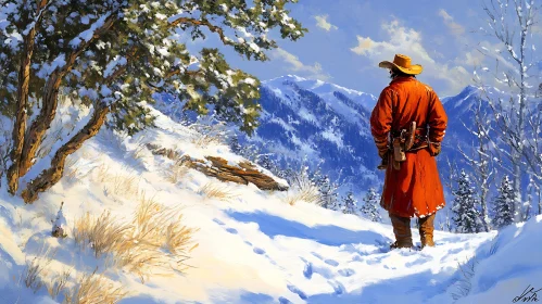 Snowy Mountain Vista with Red Coat