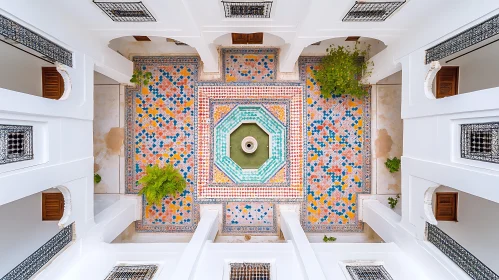 Beautiful Courtyard with Geometric Tile Patterns and Central Fountain