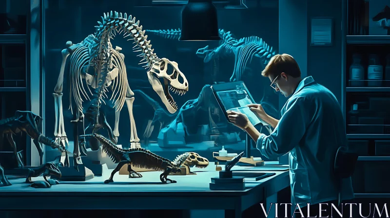 Paleontologist Examining Dinosaur Skeletons