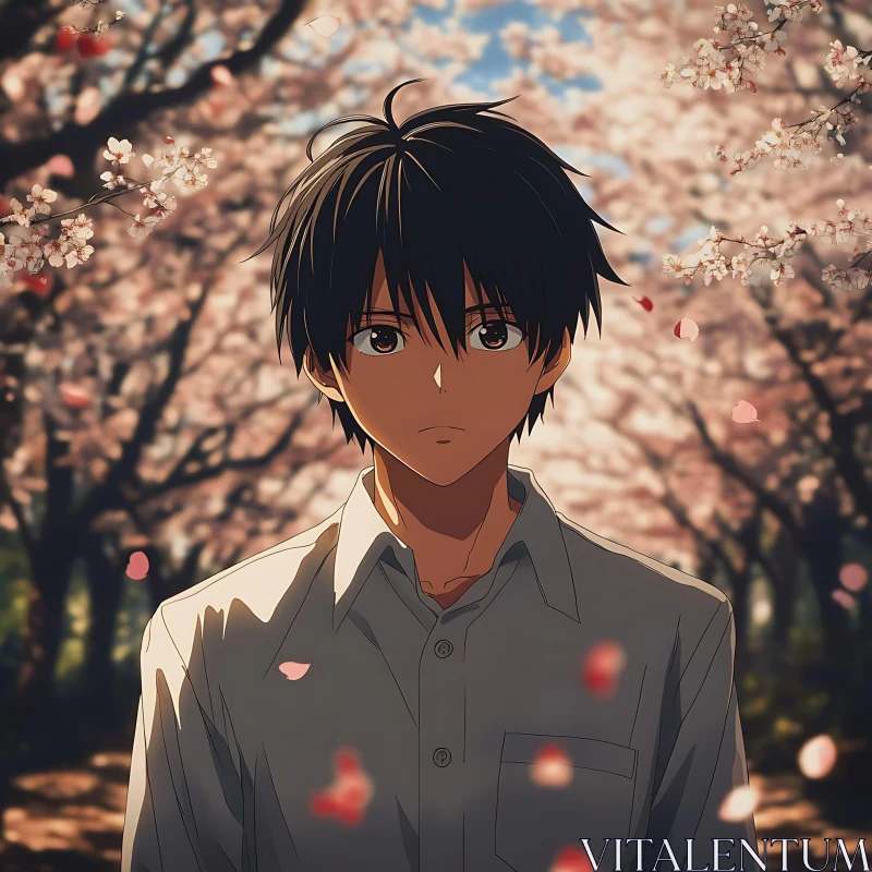 Contemplative Anime Character with Cherry Blossoms