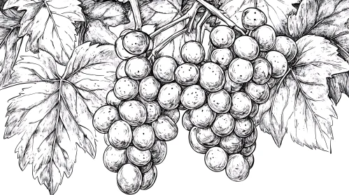 Monochrome Grape and Leaf Illustration
