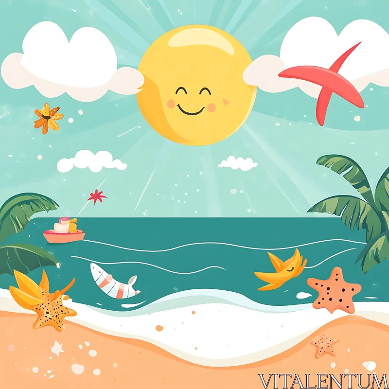 Joyful Beach Scene with Starfish and Sun AI Image