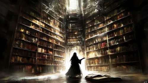 Ancient Library with Figure Reading