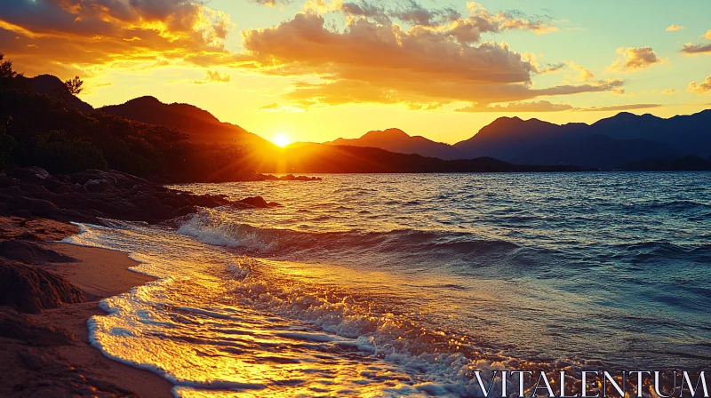 Golden Beach Sunset with Mountainous Horizon and Gentle Waves