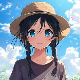 Anime Girl in Summer Attire with Blue Sky Background