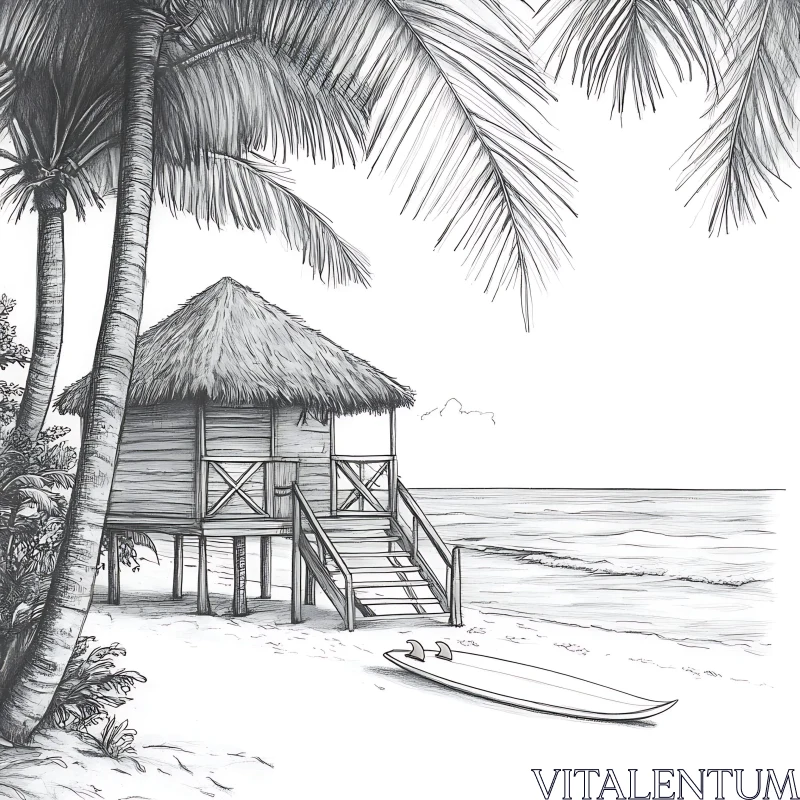 Monochrome Beach Scene with Thatched Hut