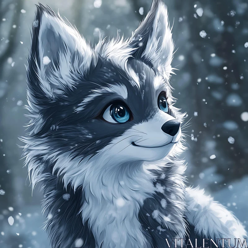 Whimsical Wolf Cub Portrait in Snowy Scene