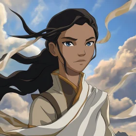 Anime Woman in Flowing Garments with a Cloudy Sky