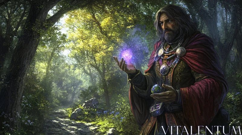 Mystical Wizard in Forest Scene AI Image