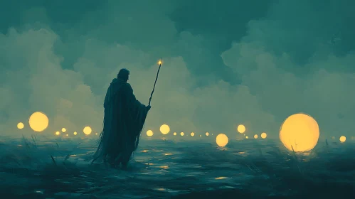 Enchanting Seascape with Wizard and Floating Lights