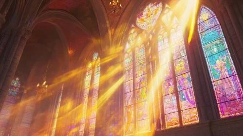 Sunlit Stained Glass Windows in Cathedral