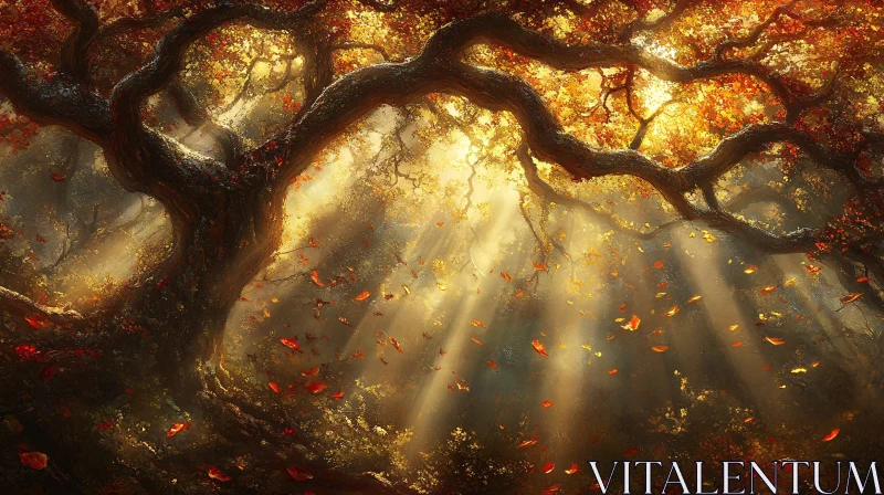 Sunlit Autumn Forest With Falling Leaves