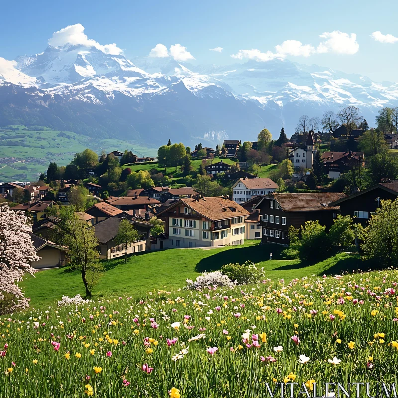 Scenic Mountain Village with Flower Meadow