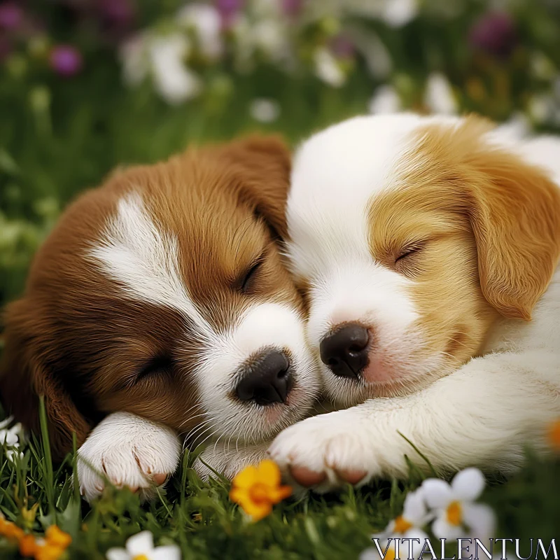 Cute Puppies Resting in Grass with Flowers