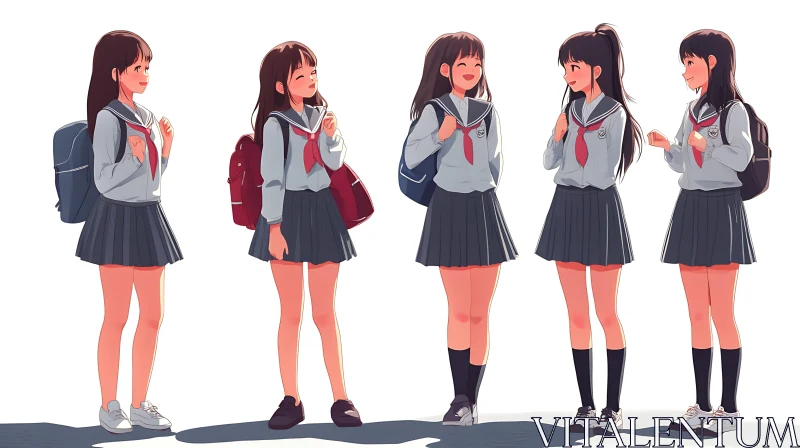 Group of Anime Schoolgirls in Uniforms AI Image